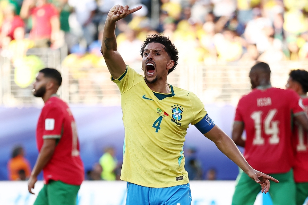 Brazil's defender #04 Marquinhos gestures. — AFP