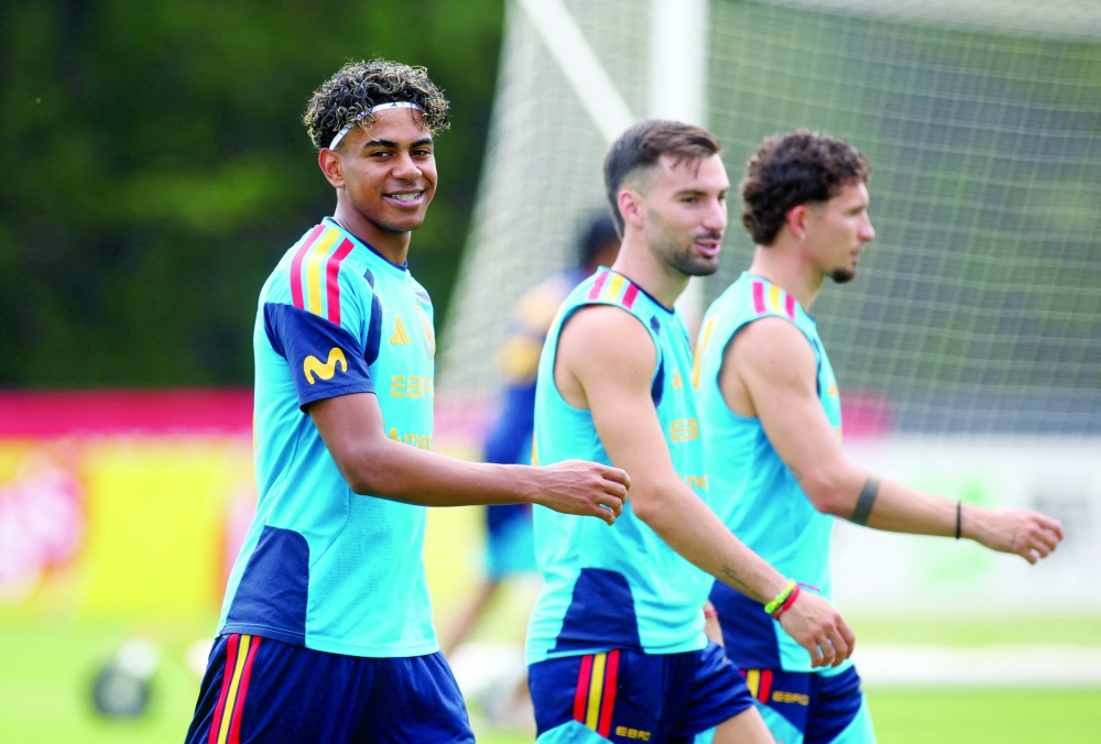 
Spain's Lamine Yamal and Alex Baena during training. — Reuters