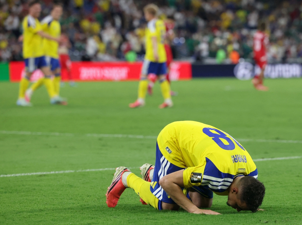  
Sweden's Yasin Ayari celebrates scoring their fifth goal. — Reuters 