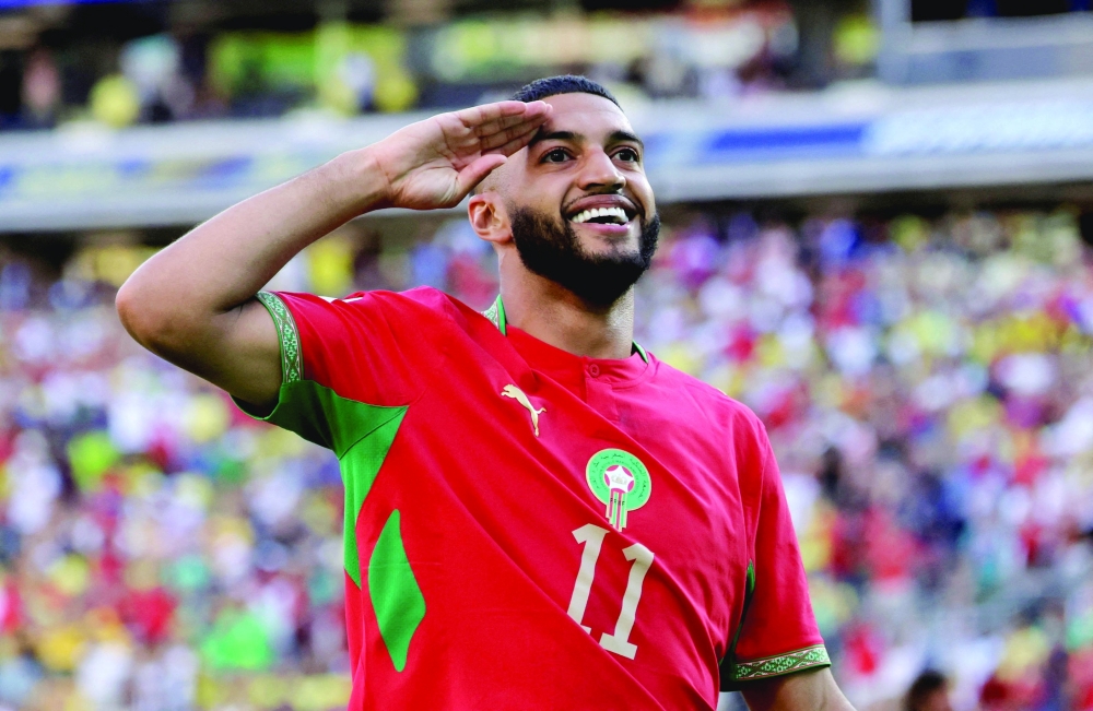 Morocco's Ismael Saibari celebrates scoring their first goal. — Reuters