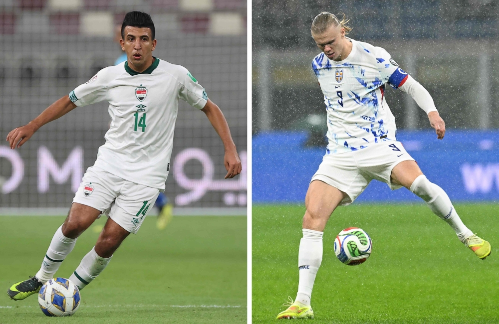 (COMBO) Iraq's midfielder Amjad Attwan (L) and Norway's  captain #09 Erling Braut Haaland  
