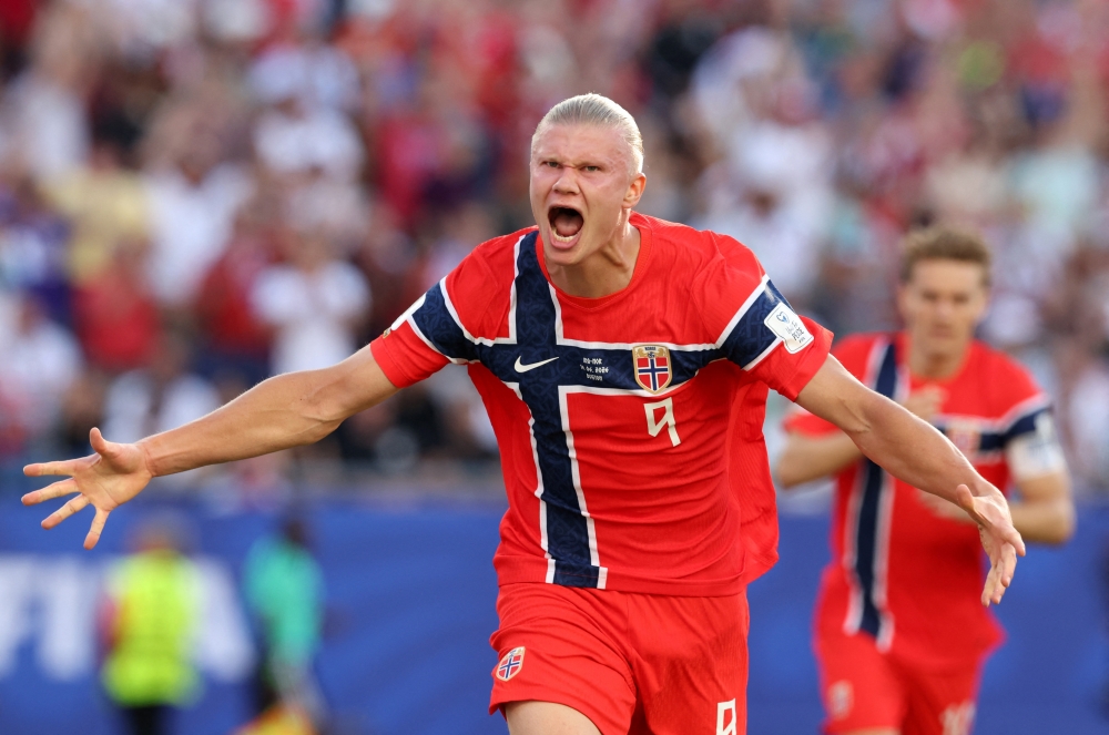  
Norway's Erling Haaland celebrates scoring their first goal  