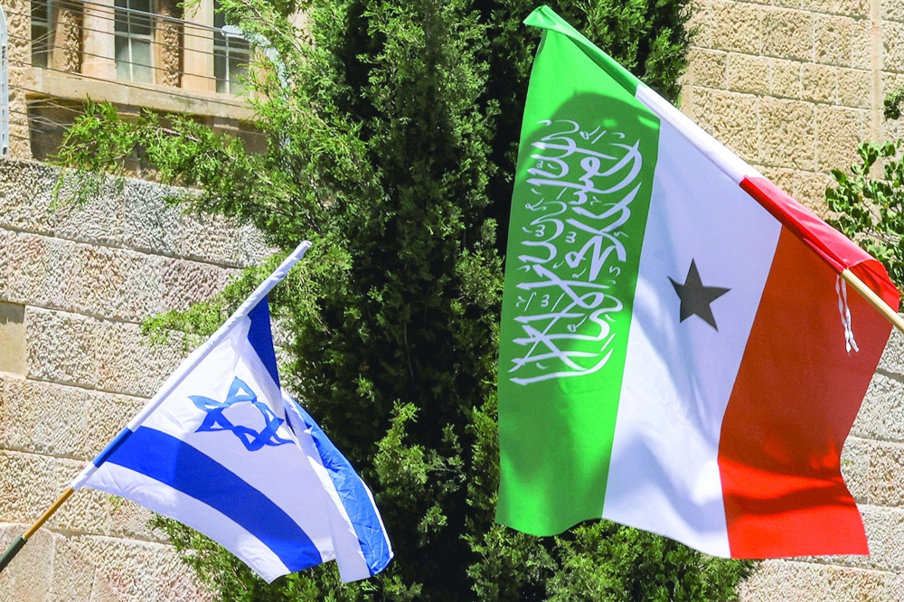 Flags of Somalia's breakaway region of Somaliland fly alongside Israeli flags on a street in western Jerusalem. — AFP