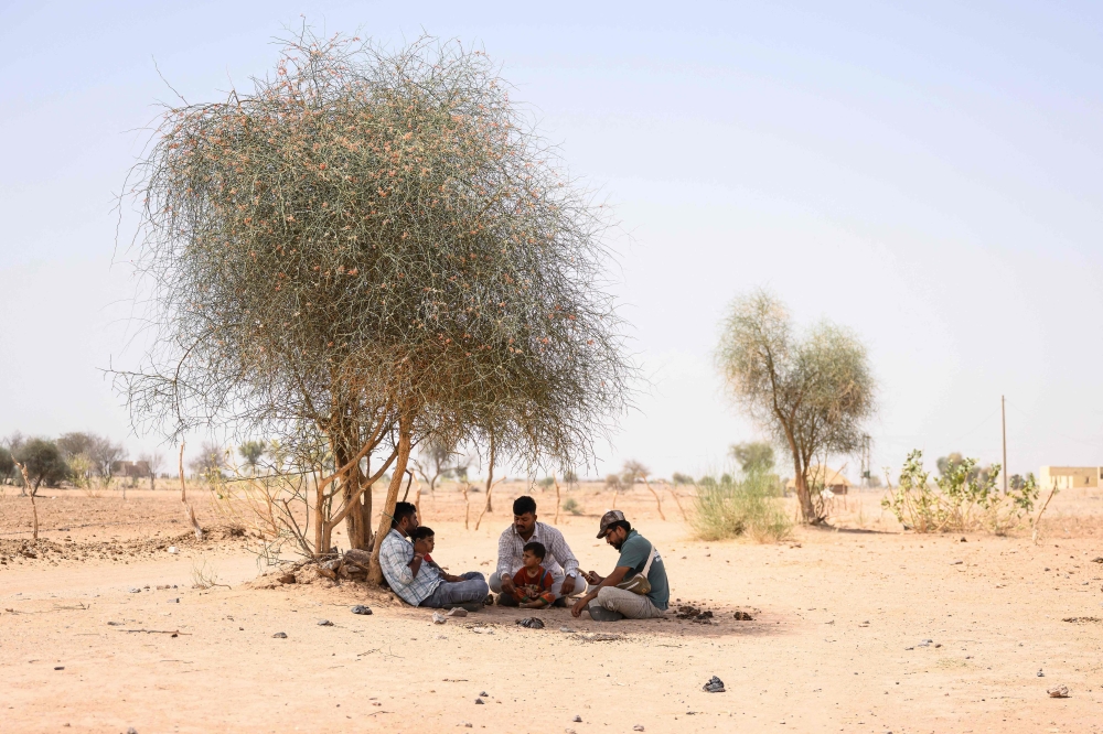 This photograph taken on May 29, 2026 shows herdsman Sawai Singh Bhati (C) sitting with his son under the shade of a tree in 44 degrees Celsius temperatures, near his house in Sanwata village on the outskirts of Rajasthan's Jaisalmer city. In India's hot plains, scorching summers have become increasingly harder to endure, requiring adaptations and forcing life into the hours of dark before the sun turns punishing. Temperatures in Singh's Sanwata village hit 45C in early June, as is often during the summer with the highest temperature recorded in the area as 49C.