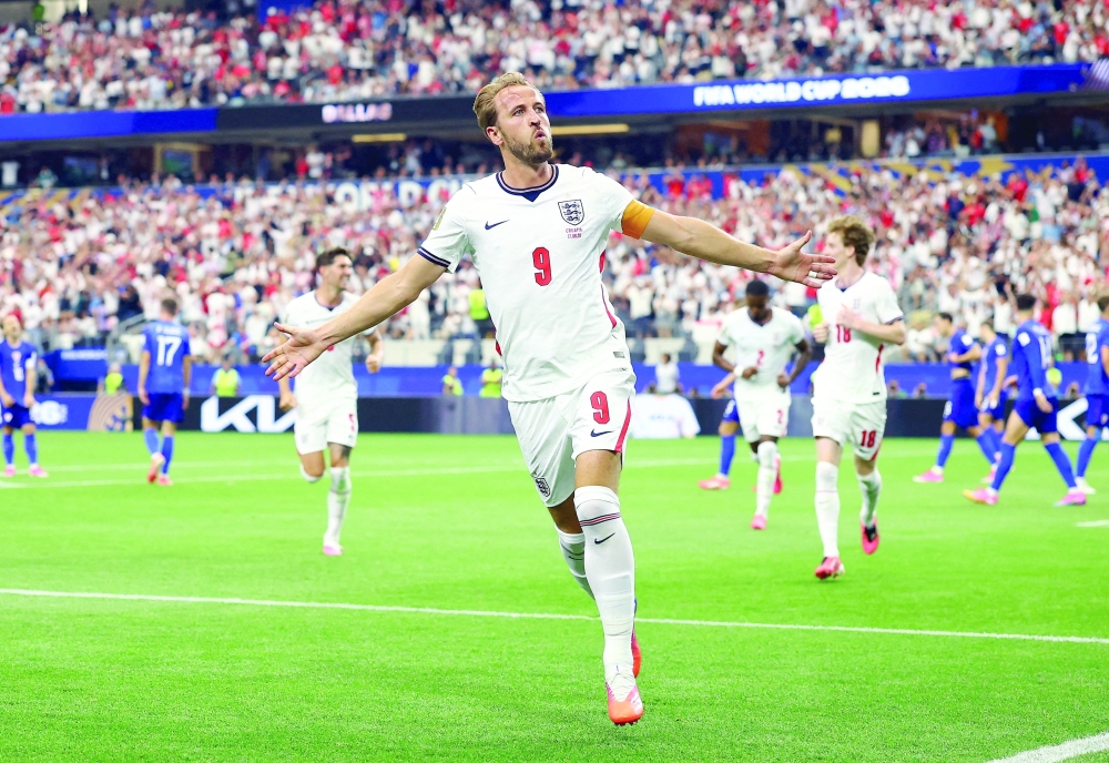 England's Harry Kane celebrates scoring their second goal. — Reuters
