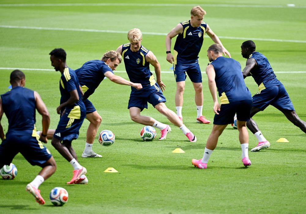  
Sweden's Lucas Bergvall with teammates during training  