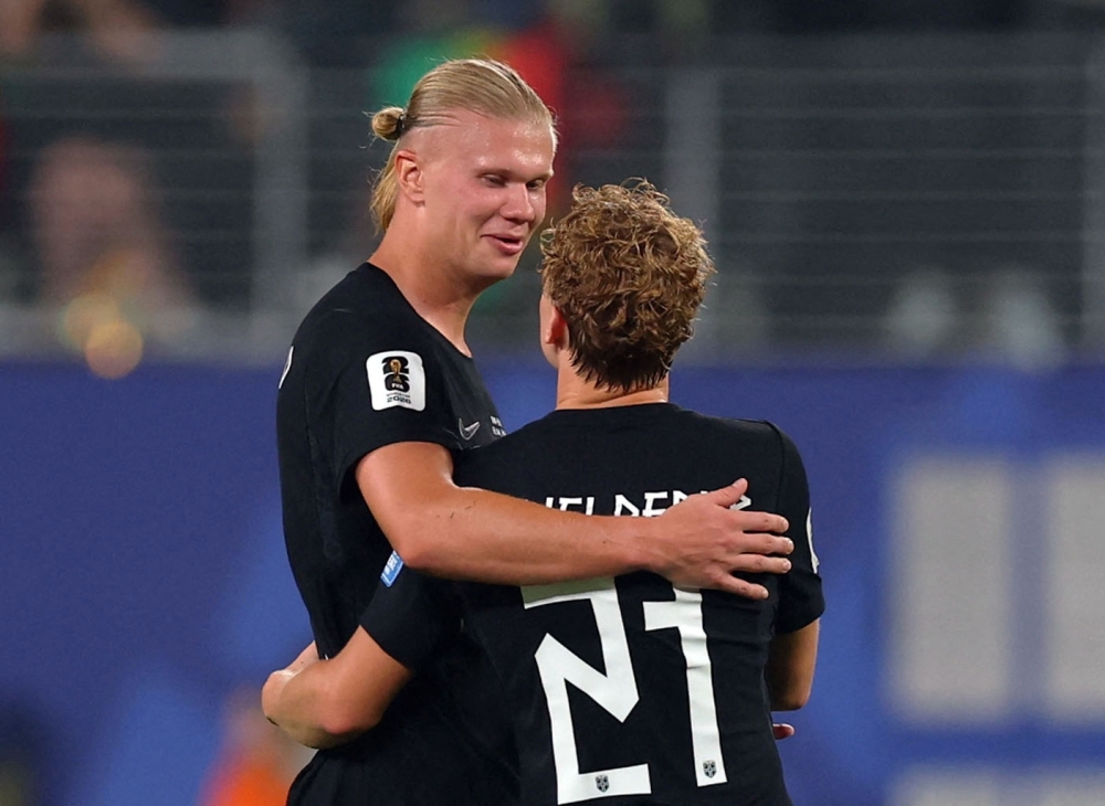  
Norway's Haaland celebrates with Andreas Schjelderup. — Reuters 