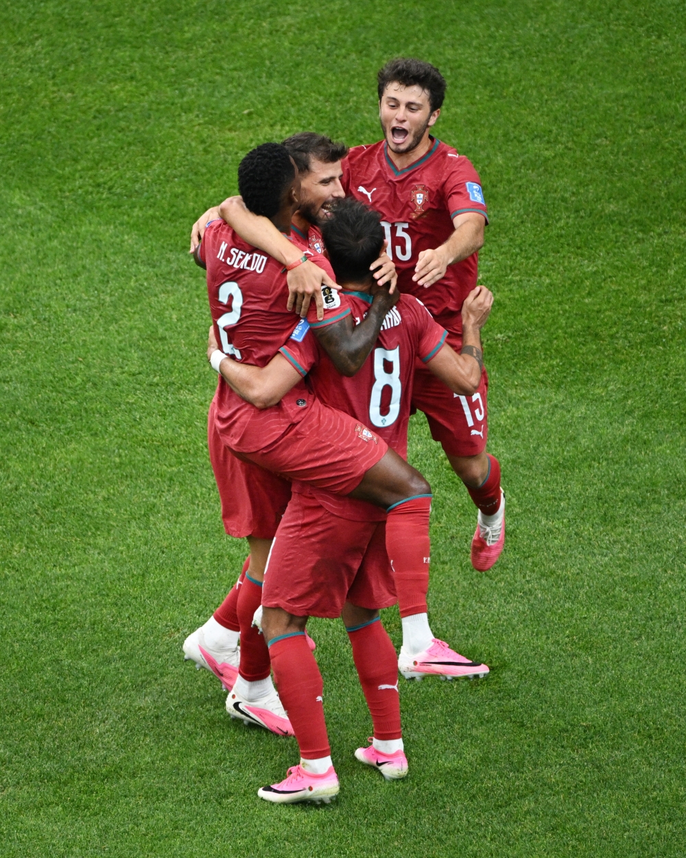  
Portugal's Nelson Semedo, Bruno Fernandes, Joao Neves and Ruben Dias celebrate. — Reuters  