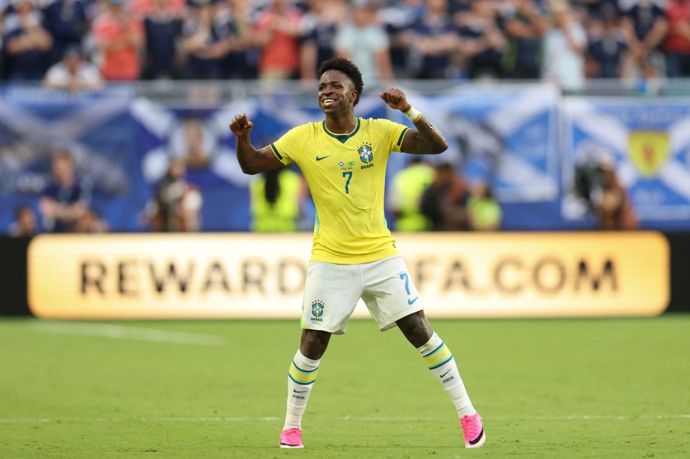 Brazil's forward #07 Vinicius Junior celebrates second goal. — AFP