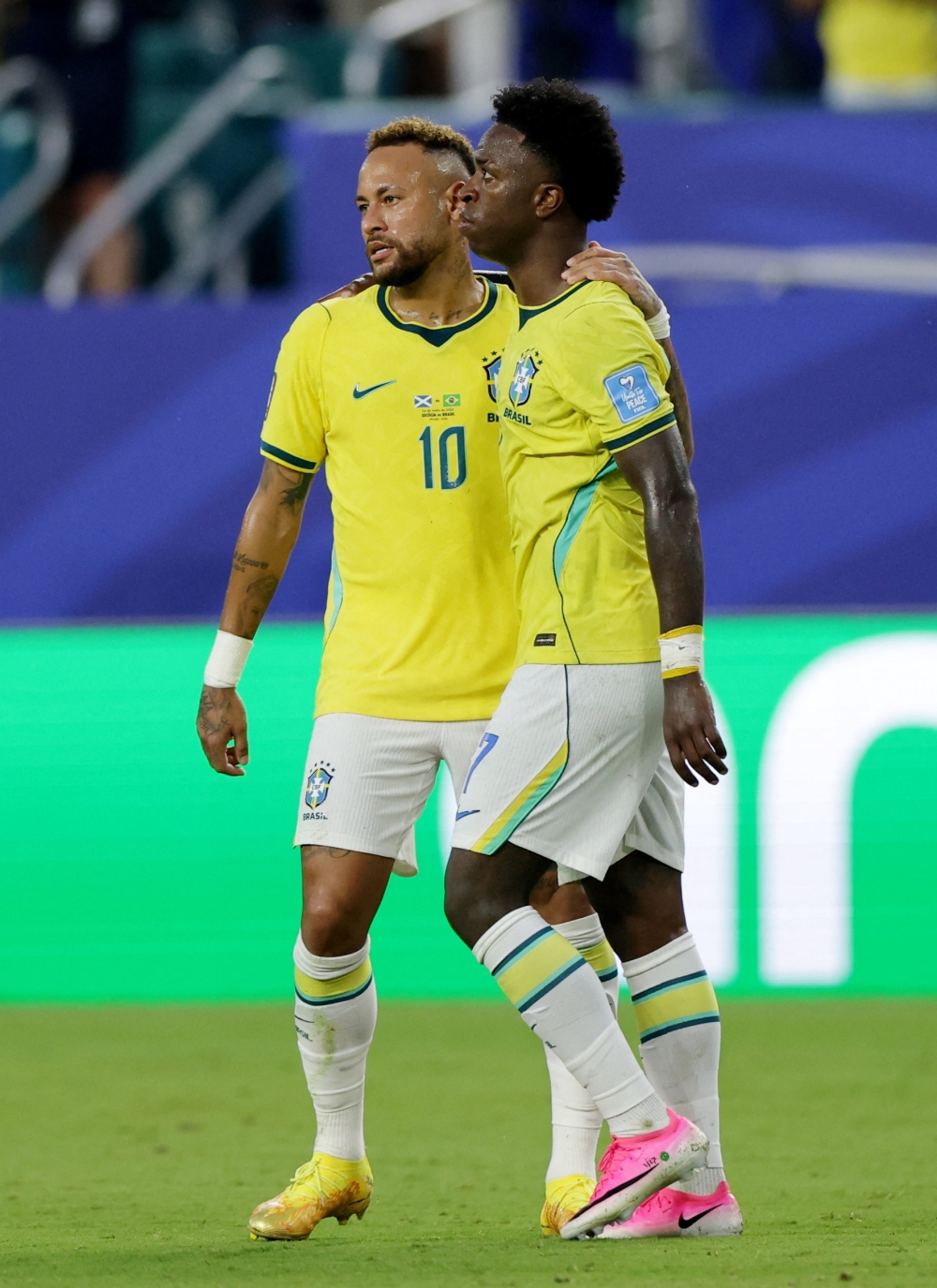  
Brazil's Neymar and Vinicius celebrate after the match. — Reuters