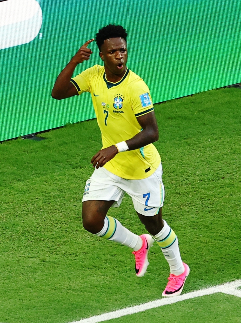  
Brazil's Vinicius celebrates scoring second goal. — Reuters