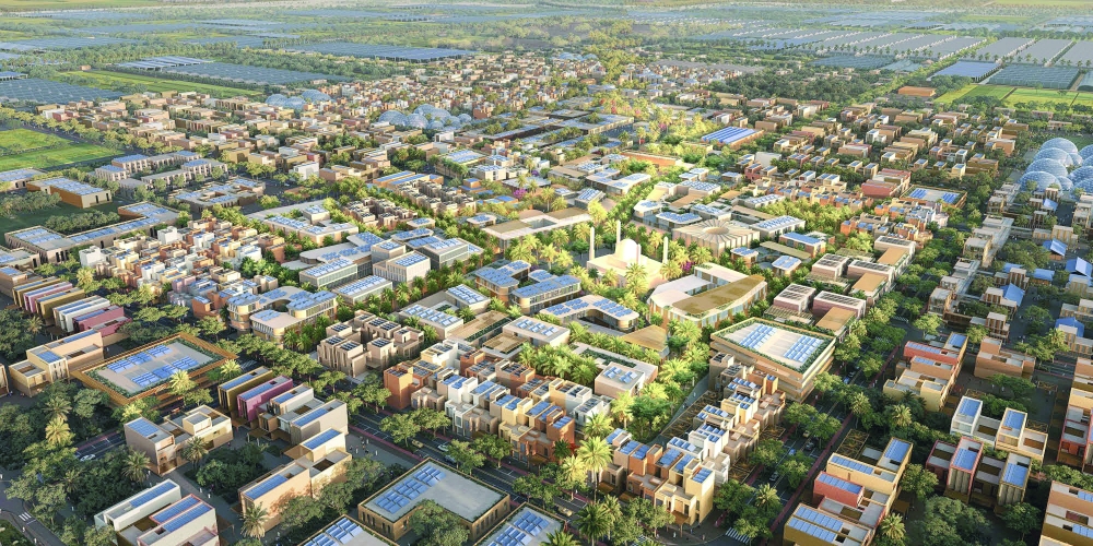 The agricultural city is planned in layers, with clusters of rectangular farms of varying sizes radiating outward from a compact central town.
