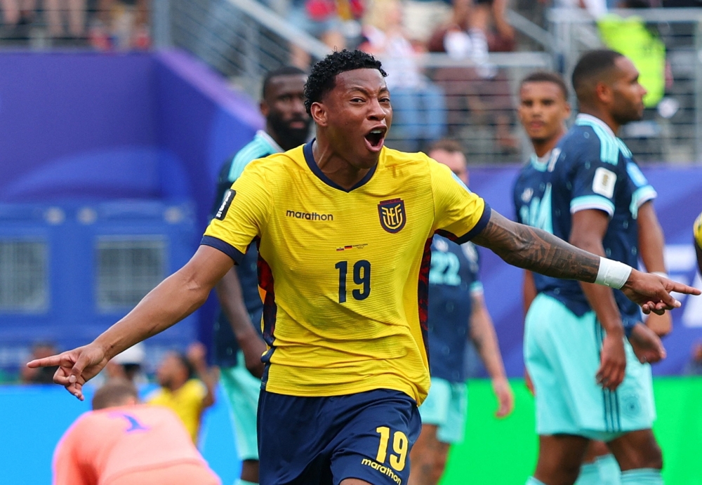  
Ecuador's Gonzalo celebrates scoring second goal. — Reuters