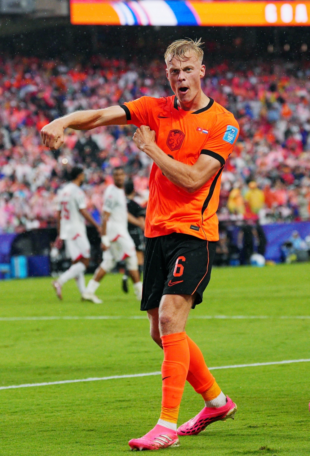  
Netherlands' Jan Paul van Hecke celebrates scoring their third goal . — Reuters 