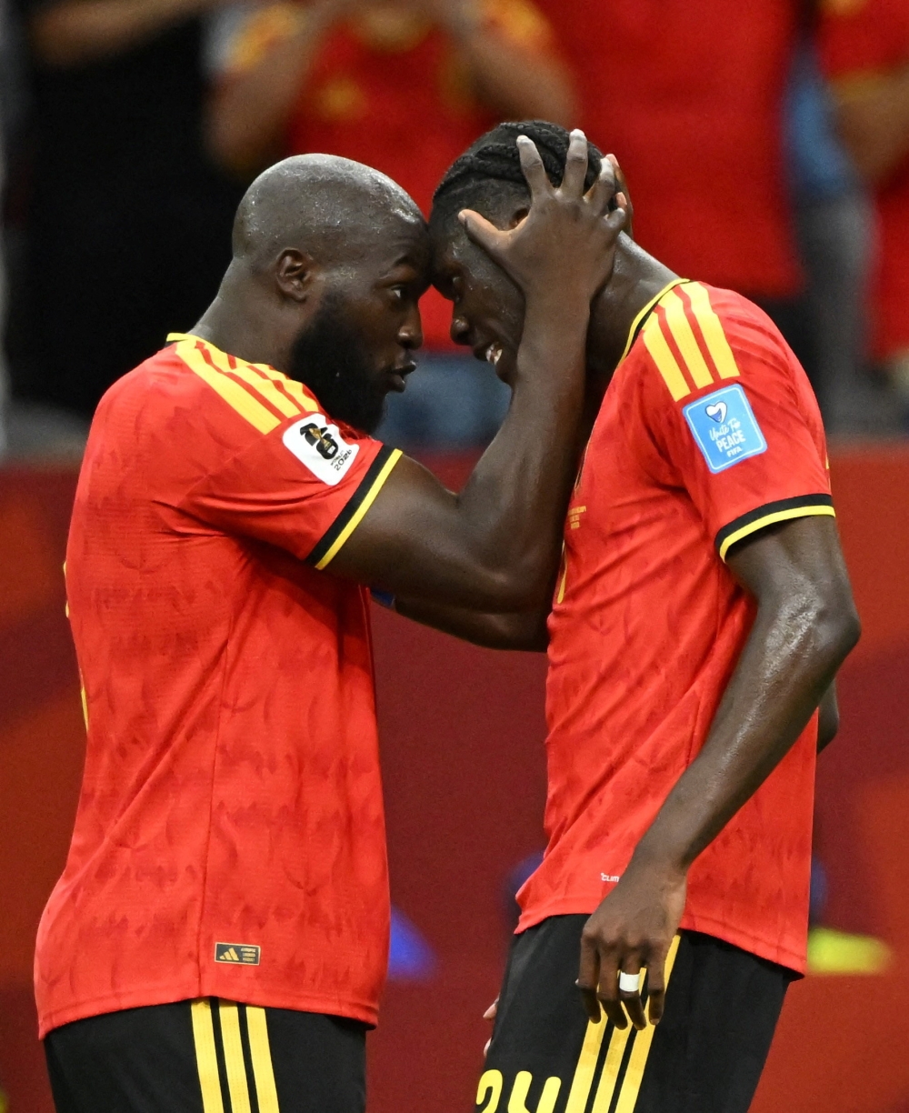  
Belgium's Lukaku celebrates scoring fourth goal with Onana. — Reuters 