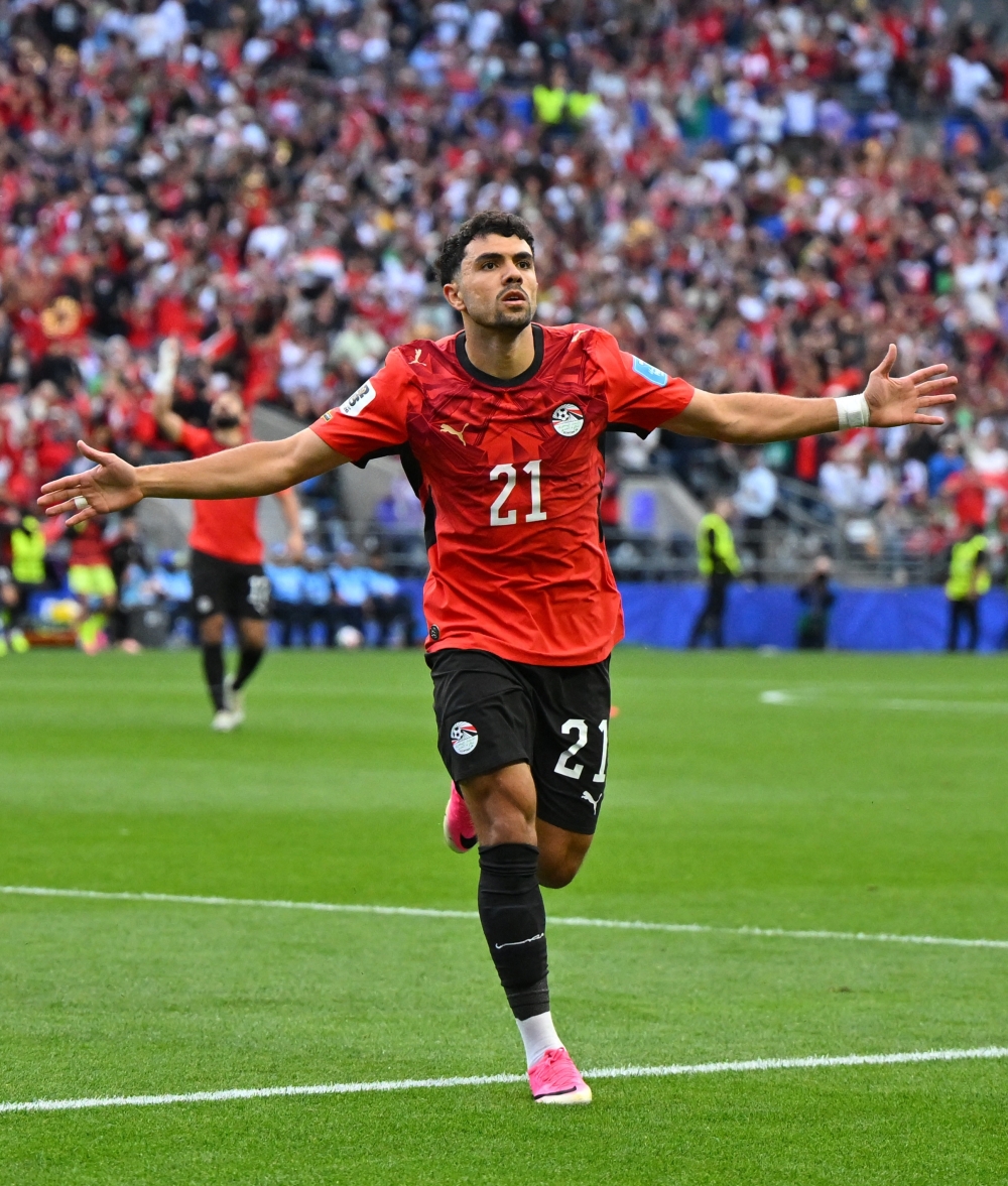  
Egypt's Mahmoud Saber celebrates scoring their first goal 