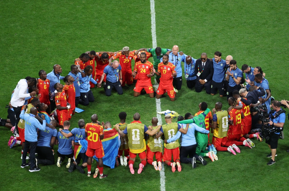  
DR Congo players celebrate after the match. — Reuters  