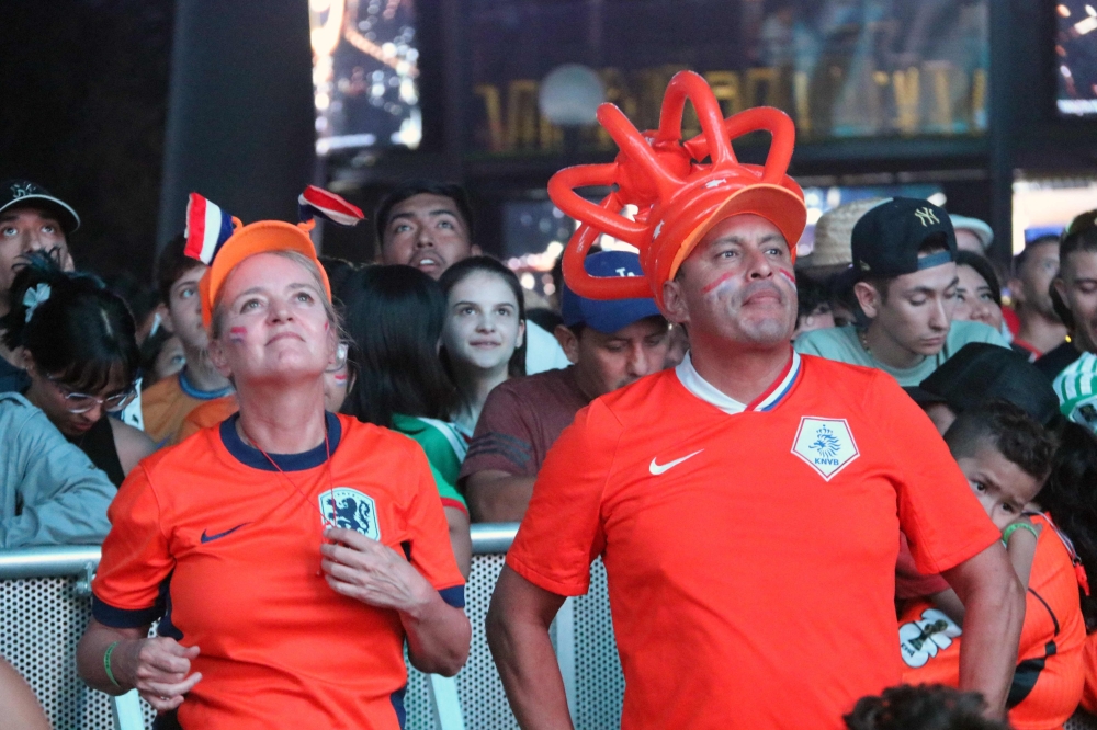 Netherland's football fans gather at the FIFA Fan Fest to watch a live broadcast of the 2026 FIFA World Cup football match between the Netherlands and Morocco at Parque Fundidora 
