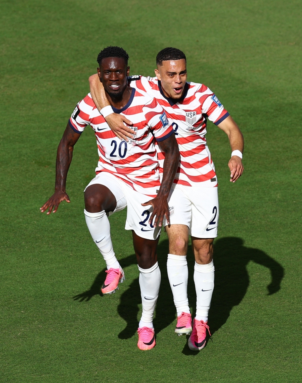  
Balogun celebrates with Dest and Robinson after disallowed goal. — Reuters  