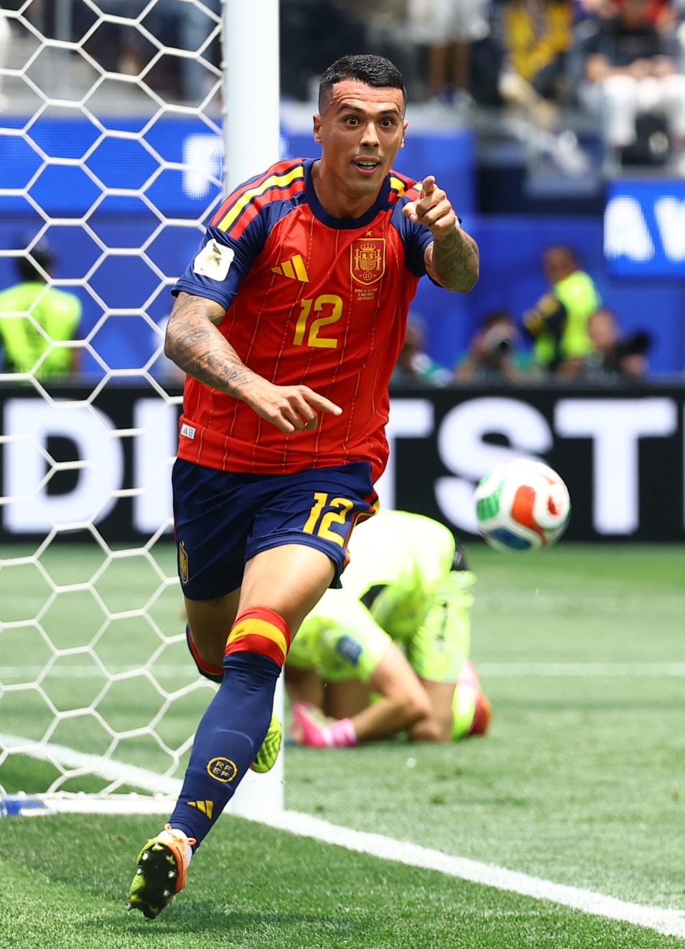  
Spain's Porro celebrates second goal. — Reuters