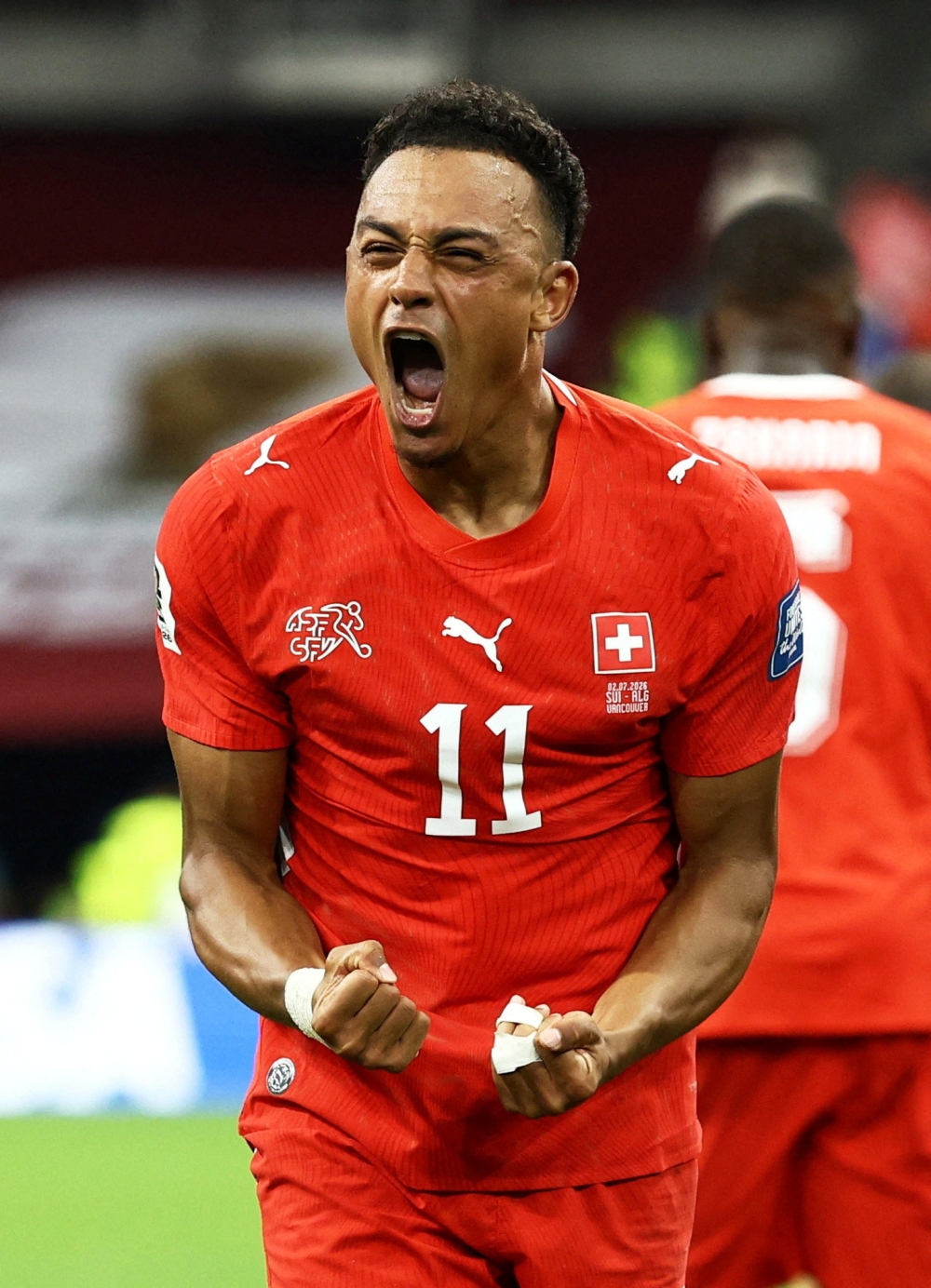  
Switzerland's Ndoye celebrates second goal. — Reuters  