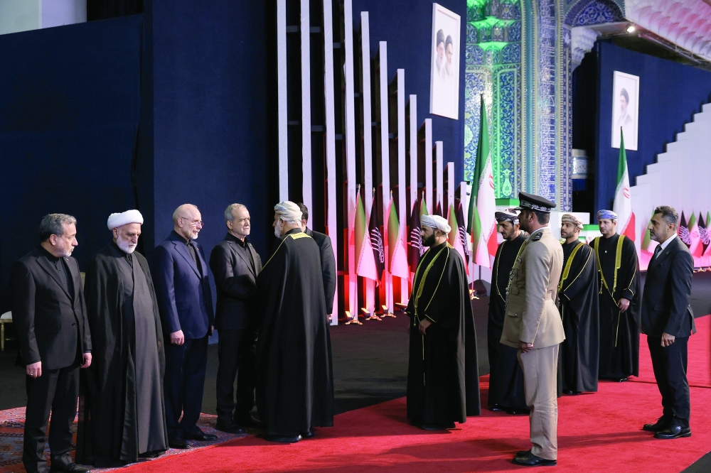 Shaikh Abdulmalik bin Abdullah al Khalili, Chairman of the State Council, and Oman's delegation at the funeral ceremony in Tehran on Friday. — ONA