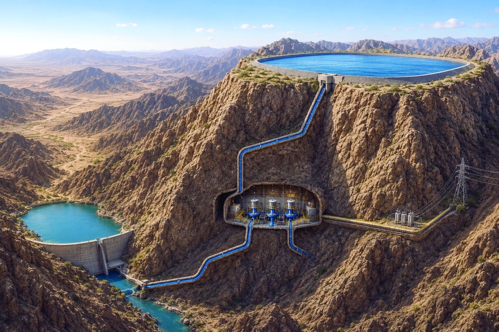 Image for illustration: A new reservoir planned on top of Jabal Abyadh will accommodate multiple reversible pump-turbines, transformers, and associated electromechanical systems.