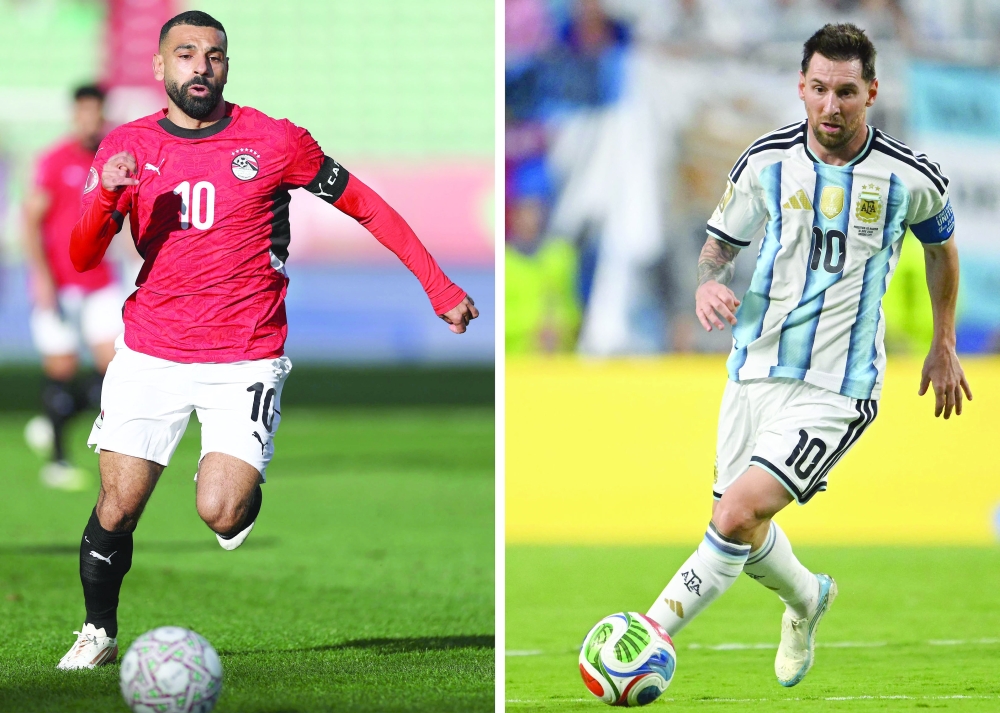 Egypt's forward Mohamed Salah in Agadir and Argentina's forward #10 Lionel Messi. — AFP