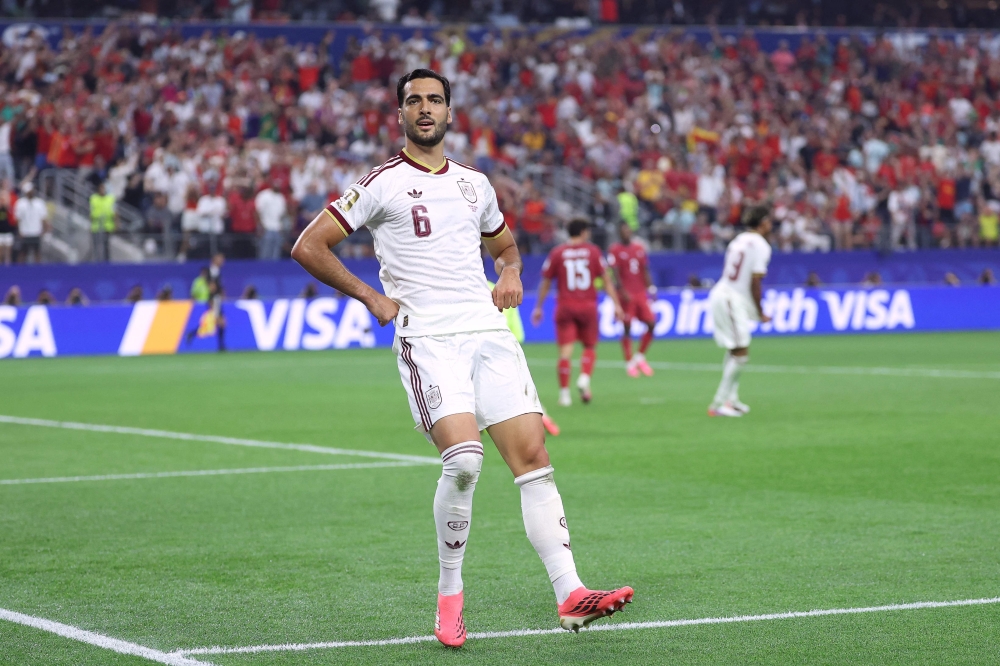 Spain's midfielder #06 Mikel Merino celebrates scoring his team's first goal  