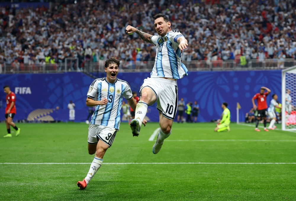 
Argentina's Lionel Messi celebrates scoring their second goal  