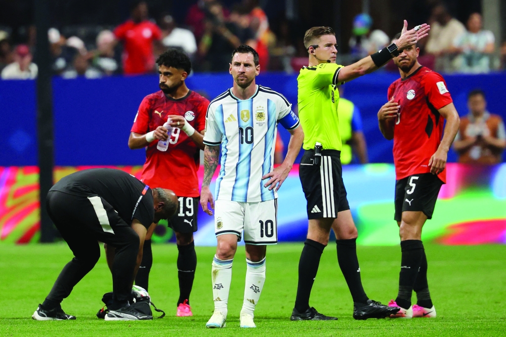 Argentina's forward #10 Lionel Messi reacts during the 2026 World Cup round of 16 football match between Argentina and Egypt at Atlanta Stadium in Atlanta. — AFP