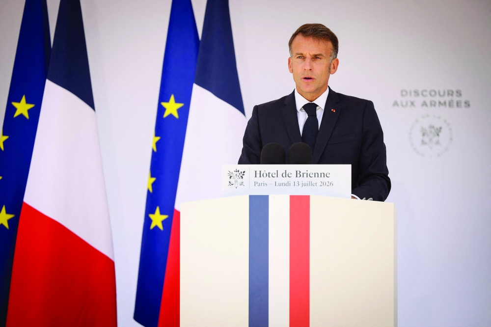 French President Emmanuel Macron gives his address to the armed forces at l'Hotel de Brienne in Paris. — AFP