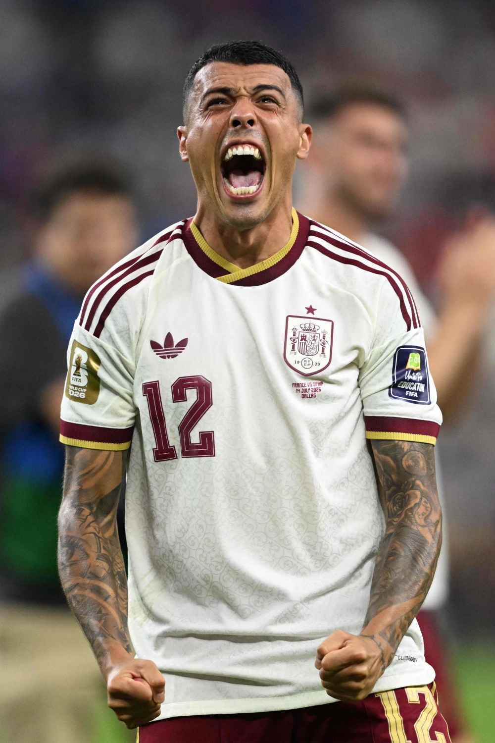 Spain's defender #12 Pedro Porro celebrates after his team won the 2026 World Cup football tournament semi-final match 