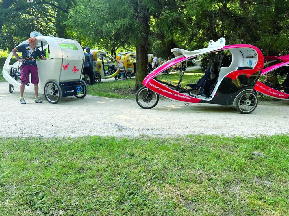 Colourful Velotaxis parked in Frankfurt park