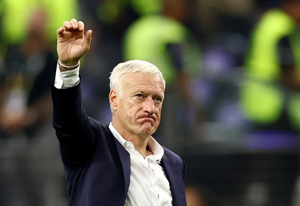 France coach Didier Deschamps looks dejected after the match as France are eliminated from the World Cup.— REUTERS