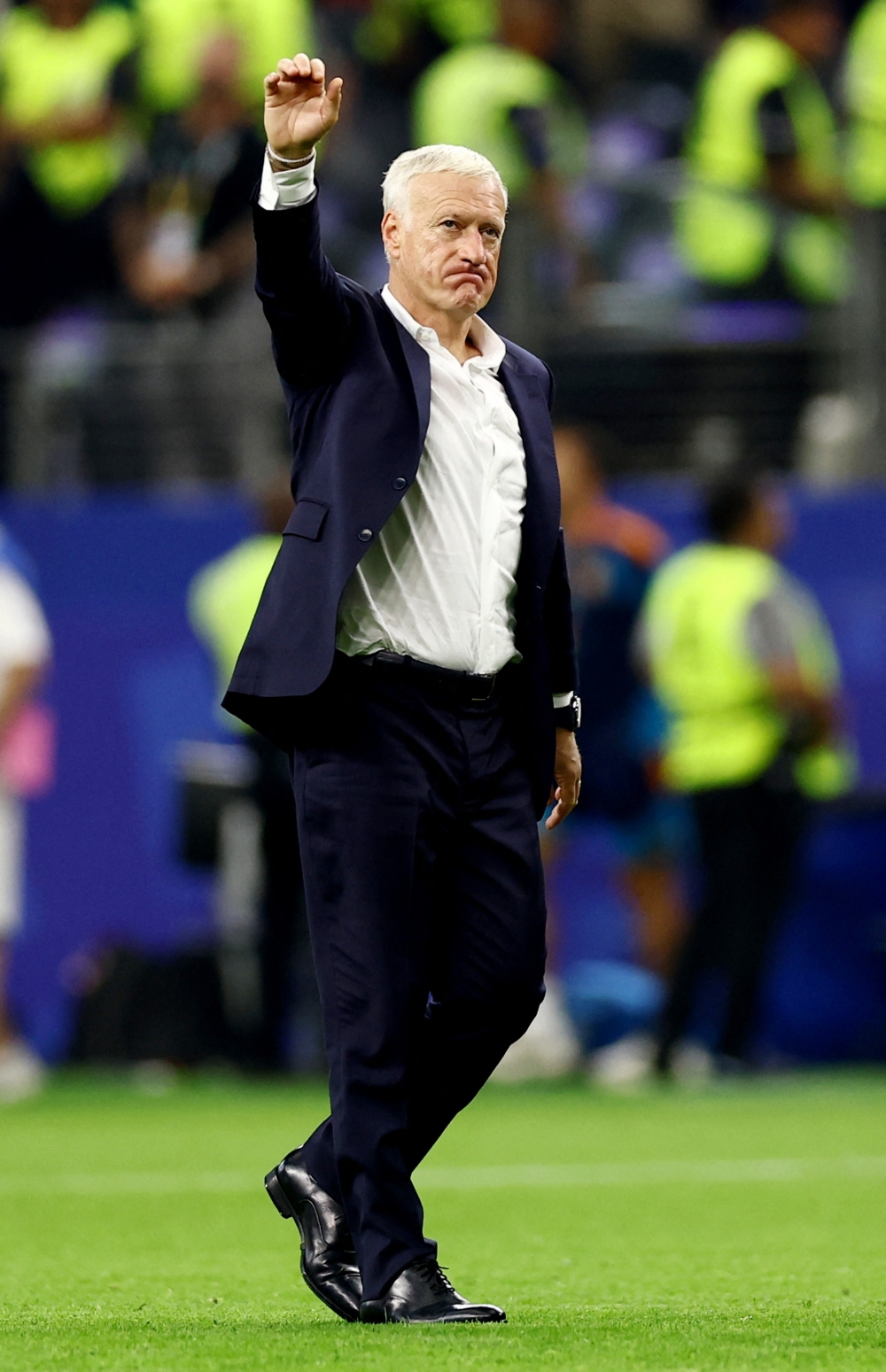 France coach Didier Deschamps looks dejected after the match as France are eliminated from the World Cup.— REUTERS