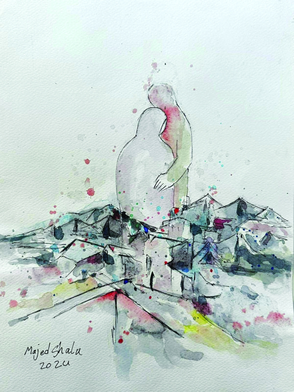 In this composition by Majed Shala, the embrace becomes a substitute home, the last remaining shelter in a city stripped of its physical foundations. 