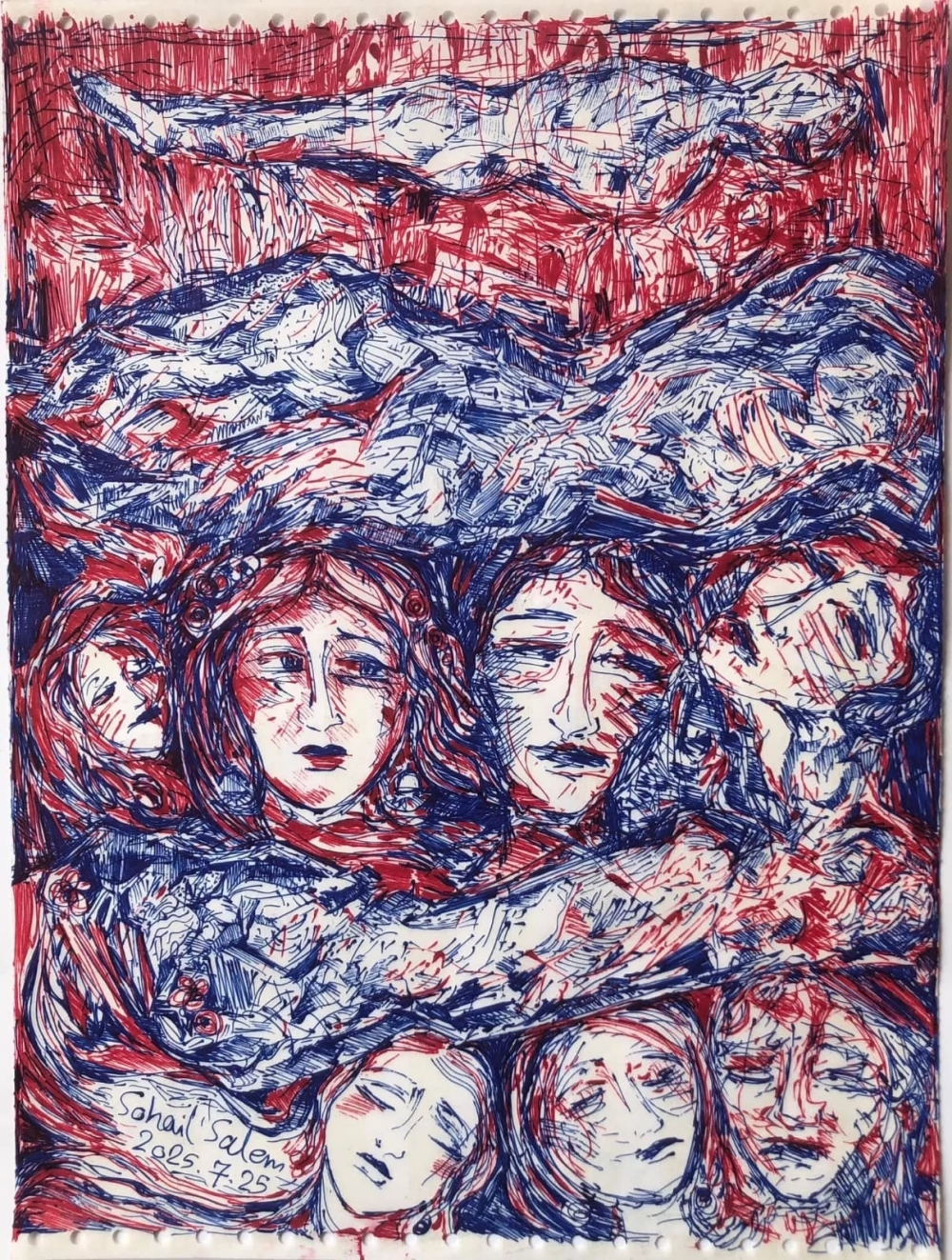  After the studio he rented was destroyed, Artist Sohail Salem salvaged what remained of his work before beginning again with little more than pen and ink while living in displacement.