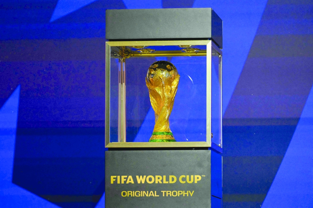 The World Cup trophy is displayed on ahead of the 2026 World Cup final. — AFP