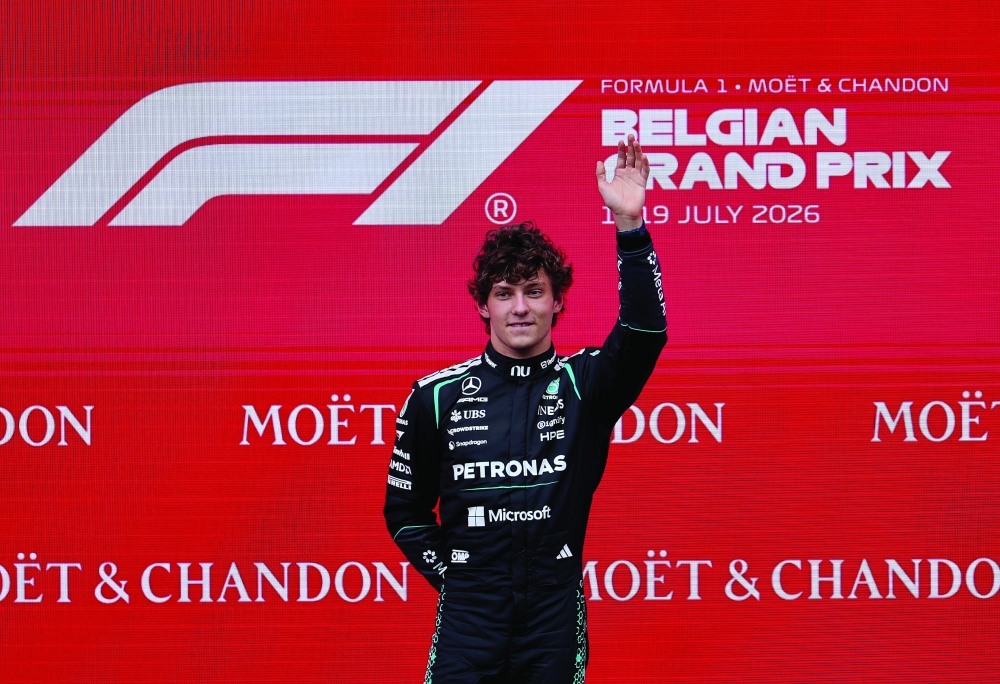 Mercedes' Andrea Kimi Antonelli celebrates. — Reuters. — AFP