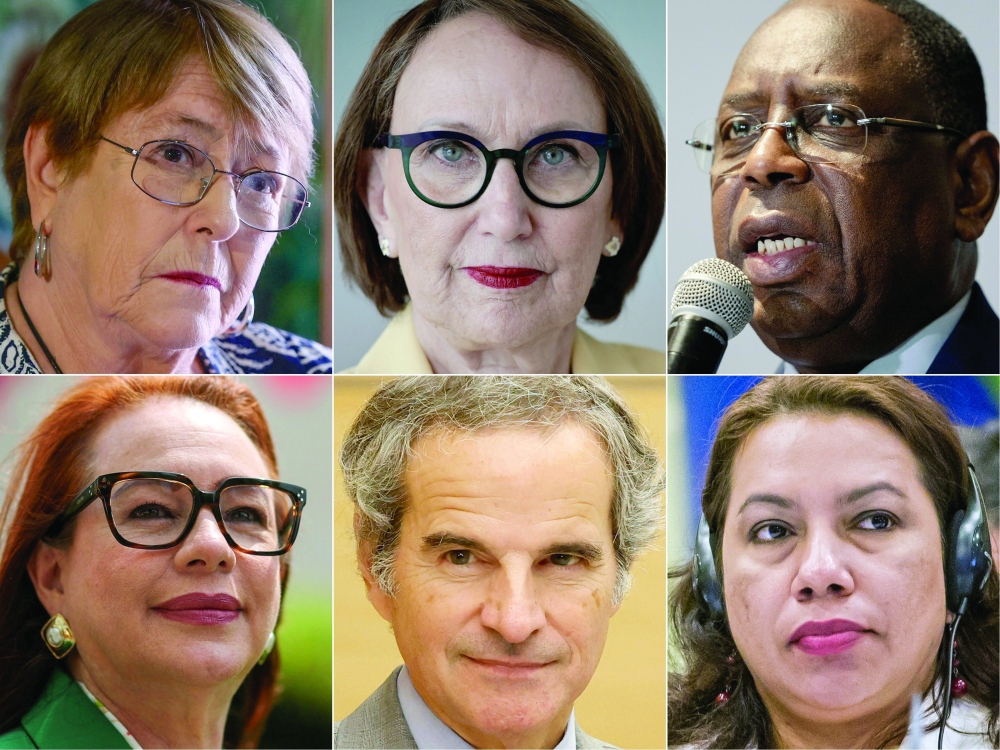 Chile's former president Michelle Bachelet, Costa Rican economist Rebeca Grynspan, former Senegalese president Macky Sall, former Ecuadorian FM Maria Fernanda Espinosa, D-G, IAEA Rafael Mariano Grossi, and former Guyana FM Carolyn Rodrigues-Birkett, the 6 candidates for the position of UN Secretary-General. - AFP