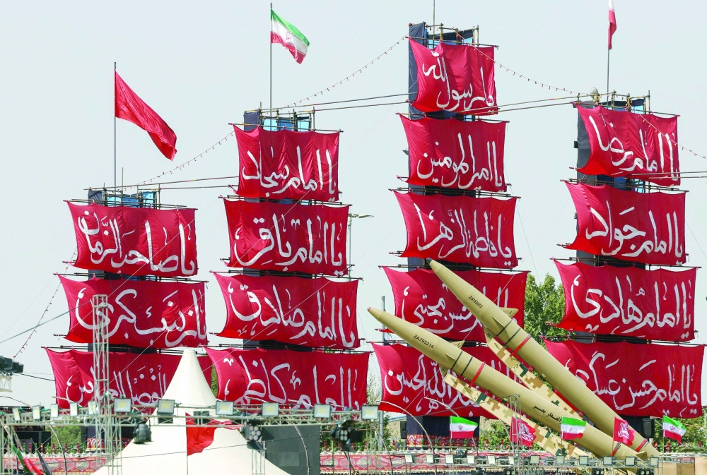 Iranian-made Zolfaghar missiles are displayed at Azadi Square in Tehran on Sunday. — AFP