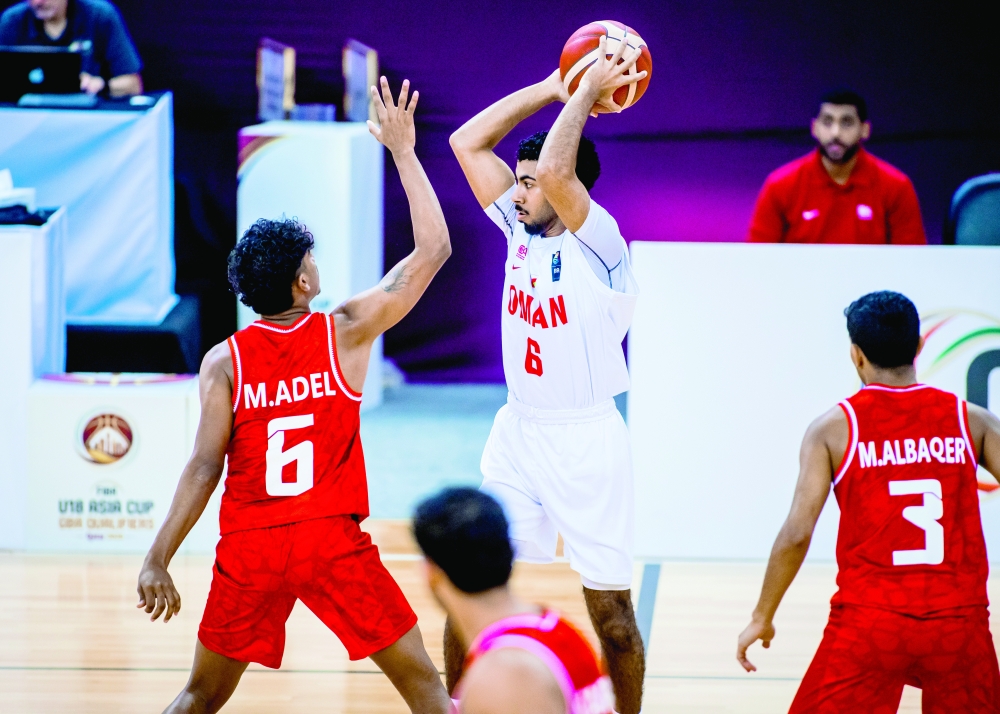 Oman’s U18 national basketball team in action against Bahrain during the Gulf qualifiers at Al Gharafa Sports Hall in Doha.