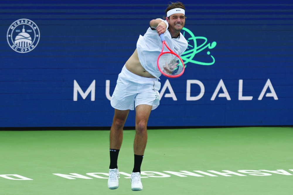 Taylor Fritz (USA) serves against Zizou Bergs (GER) (not pictured) on day one of the Mubadala DC Open 2026 at Rock Creek Park Tennis Center. — Imagn Images