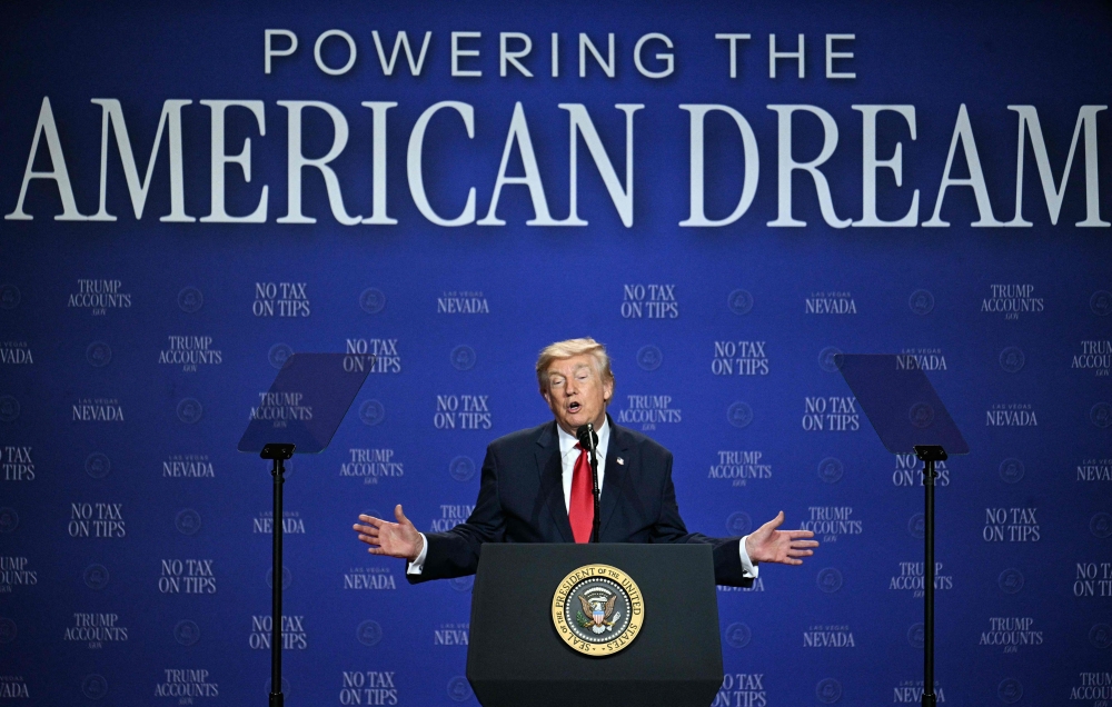 US President Donald Trump speaks during an event promoting his administration's recent tax-relief initiative at Red Rock Casino Resort and Spa in Las Vegas, Nevada, on August 5, 2026.