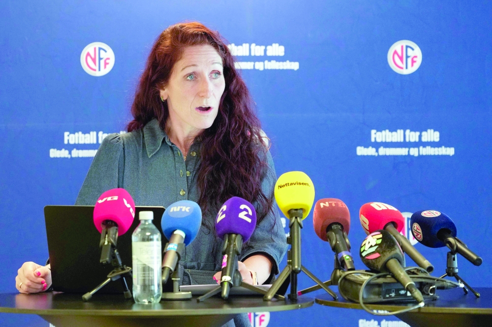 The President of the Norwegian Football Association's (NFF) Lise Klaveness addresses a press conference in Oslo, after the association's board meeting earlier this week. — AFP