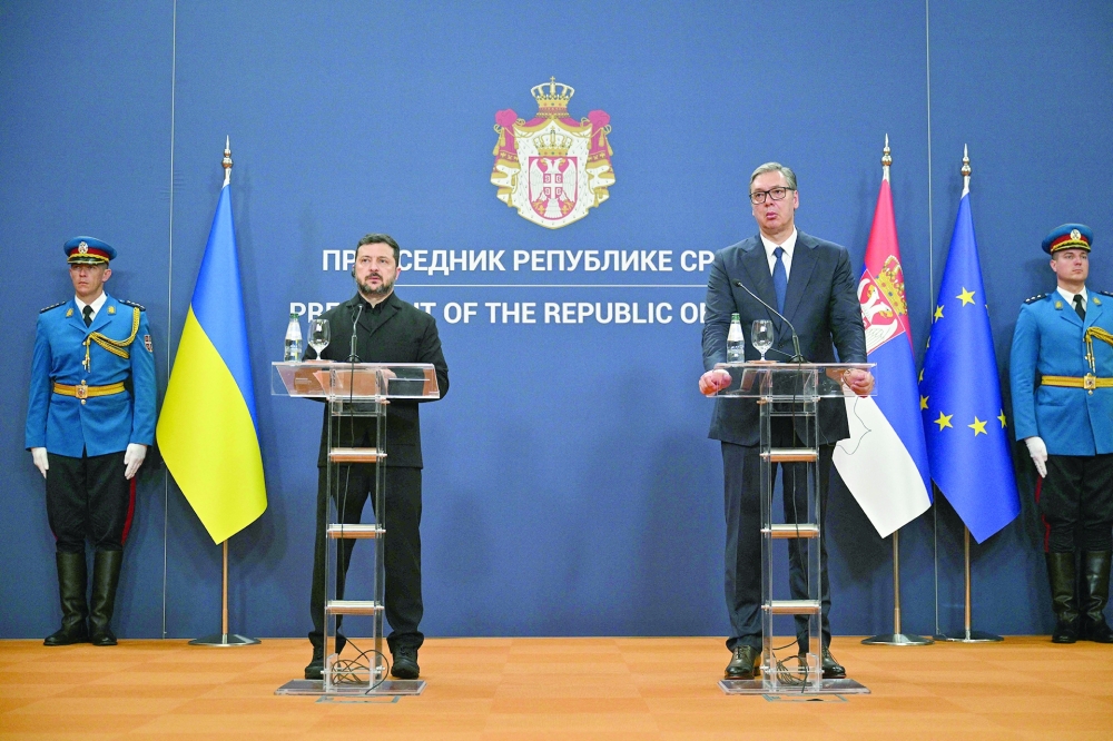 Serbia's President Aleksandar Vucic and Ukraine's President Volodymyr Zelensky (L) give a press conference following their meeting at the Palace of Serbia, in Belgrade. — AFP