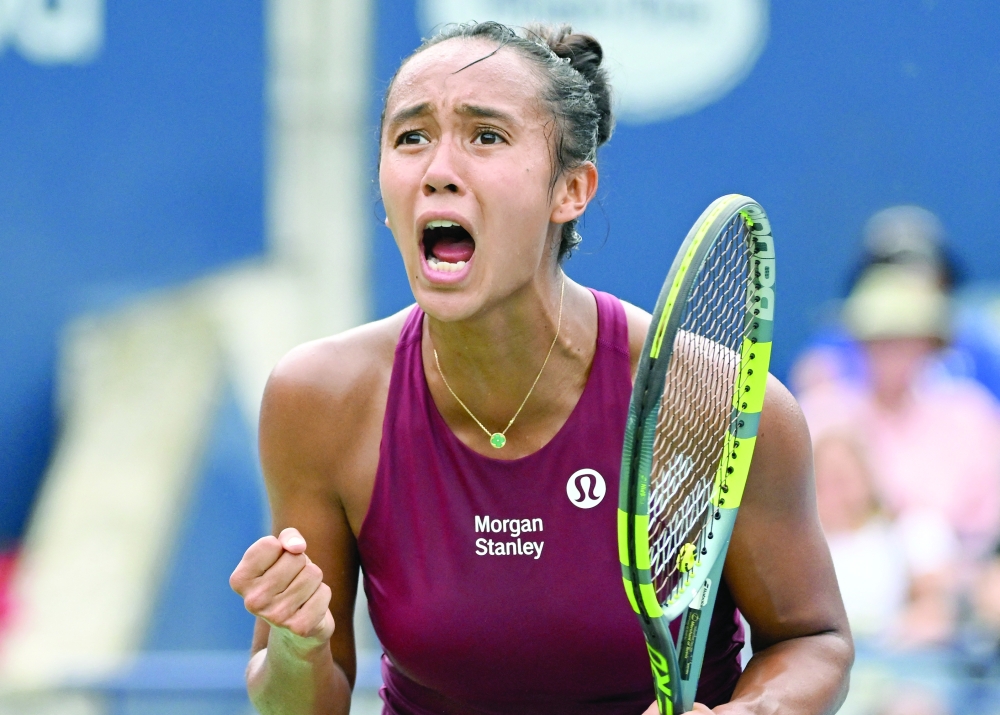 Leylah Fernandez (CAN) reacts after defeating Mirra Andreeva during third round play at Sobeys Stadium. — Imagn Images
