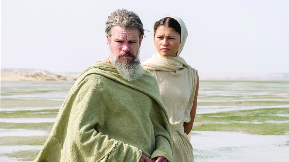 Matt Damon as Odysseus with Zendaya as Athena in Favignana, Italy, one of the filming locations of the film.