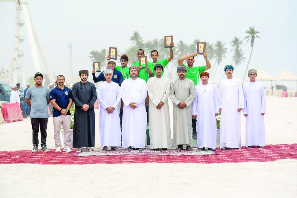 Royal Cavalry riders celebrate after being crowned overall champions of the Khareef Dhofar Tent Pegging Championship 2026.